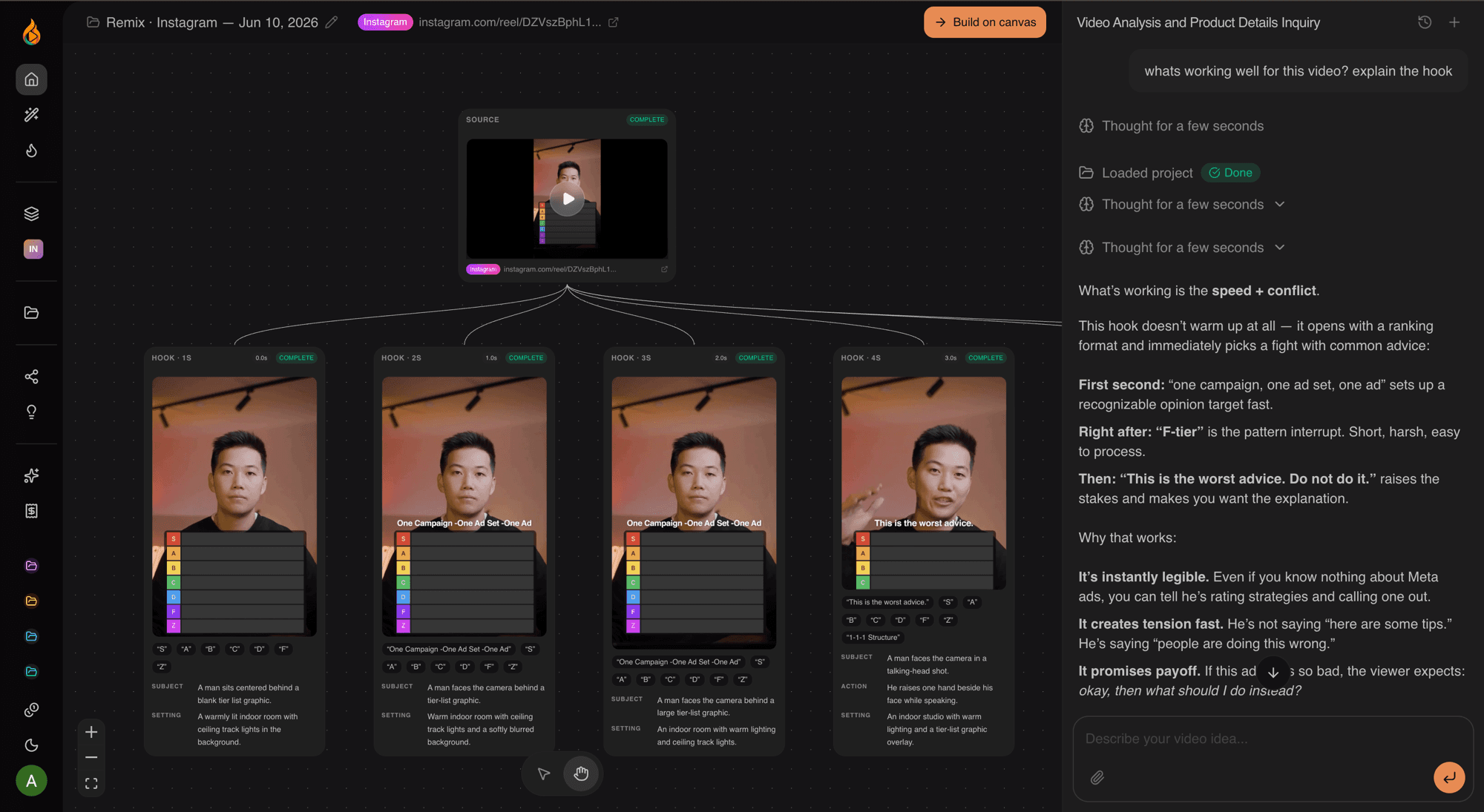Flaris content remix — a source Instagram reel broken down second by second, with the agent explaining the hook